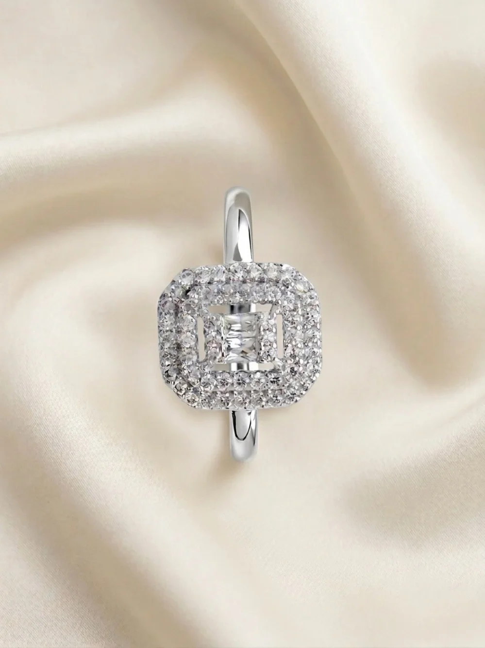 Platinum Plated Emerald Shape Double Halo Baguette CZ Ring | Silver Tone Luxury